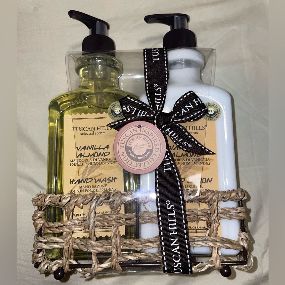 Hand soap, lotion, and soap dish.